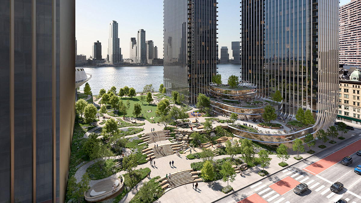 Green plaza connecting city to river